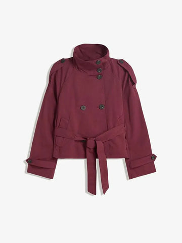 Womens Cropped Trench Coat Double Breasted Stand Collar Belted Waist Street Style Autumn Outerwear Casual Chic Shoulder Epaulets
