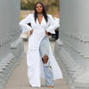 Vintage Women Long Sleeve High Side Split Ruched Up Wrap Lapel Collar White Maxi Long Dress Street Dresses
