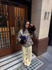 Women Leopard Print Stand Collar Waist Cinched Faux Fur Short Coat Fluffy Cuff Outerwear Winter Ladies Warm Furry Jacket