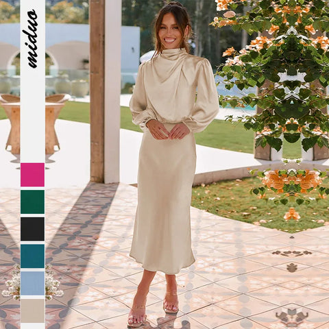 High Grade Satin Long Sleeve Loose Fitting Dress Elegant Women's Evening Dress Vintage Clothing Y2k Streetwear