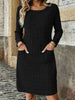 Fall Women Plus Size Midi Dress, Solid Round Neck Long Sleeve Casual Dress with Pockets, Loose Daily Wear Dress for Ladies