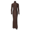 Turtleneck Long Sleeve Bodycon Dress Women Tight Elastic Lace-up Maxi Dresses Winter Evening Party Curvy Robe Red Brown