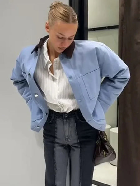 Casual Blue Multiple Patch Pocket Jacket Women Chic Corduroy Collar Single Breasted Short Coat Lady Daily Spring Wear