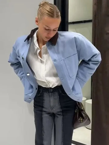Casual Blue Multiple Patch Pocket Jacket Women Chic Corduroy Collar Single Breasted Short Coat Lady Daily Spring Wear