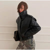 Women Leather Bomber Jackets Coats With Belt Notched Shoulder Pads Motorcycle Street Chic Short Outwear Solid Lace Up