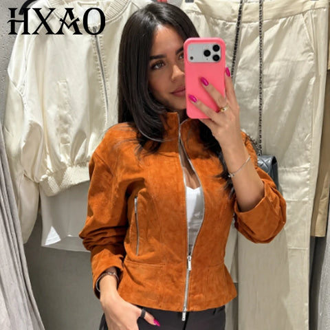 Faux Suede Cropped Jacket Women's Jacket Autumn Orange Long Sleeve Stand Collar Zip-Up Slim Outerwear Chic Top