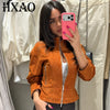 Faux Suede Cropped Jacket Women's Jacket Autumn Orange Long Sleeve Stand Collar Zip-Up Slim Outerwear Chic Top