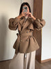 Women Short Belted Trench Coat Lapel Double Breasted Long Puff Sleeve Loose Fit Jacket Casual Daily Office Ladies Outerwear