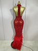 Sparkly Red Rhinestones Feather Sexy Mesh See Through Long Dress Women Birthday Evening Nightclub DJ Dancer Stage Costume