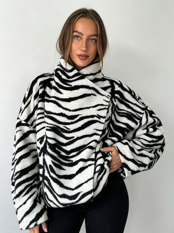 Women Zebra Stripe Short Jacket Asymmetric Collar Wrap Front Loose Long Sleeve Outerwear Chic Casual Autumn Daily Street Outfit