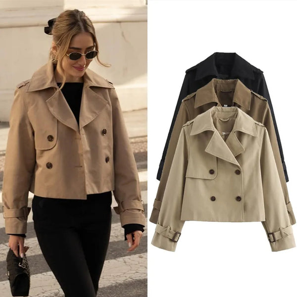 Ladies Vintage Cropped Trench Spring Autumn Jacket Women Streetwear Double Breasted Long Sleeve Top Female Chic Coat Outfits