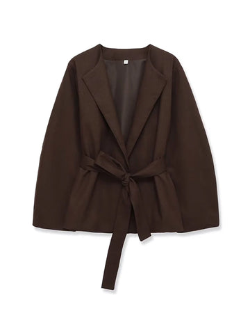 Women's Chic Solid Color Open Blazer Coat with Belt Loose Fit Long Sleeve Female Outerwear Stylish Top