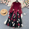 Senior Knitted Patchwork Dress Long Lantern Sleeves Bow Mesh Embroidery Floral Women Autumn France Elegant Party Dress