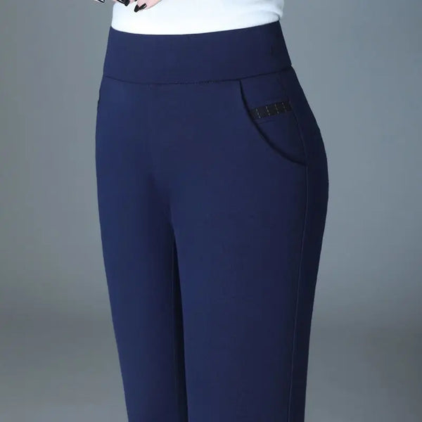 Office Lady Slim Pencil Pants Spring Autumn High Waist Elastic Pockets Solid Elegant Women Casual Straight Trousers