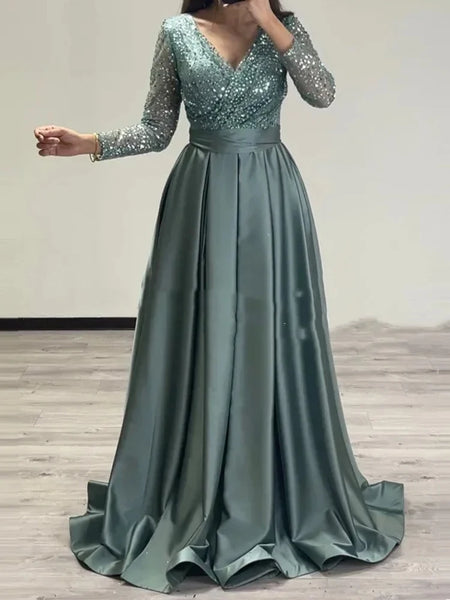 Long Sleeve Casual Waist Pleated Gowns Dress Women Elegant Split Satin Party Dress Sexy V-neck Embroidered Lace Patchwork Dress