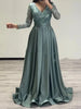 Long Sleeve Casual Waist Pleated Gowns Dress Women Elegant Split Satin Party Dress Sexy V-neck Embroidered Lace Patchwork Dress