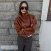 Lapel Long Sleeve Faux Leather Jacket Women Street Turn-down Collar Single Breasted Loose Coats Chic Lady Jackets Outerwears