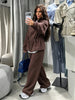 Women Casual Drawstring Waist Cinched Fleece 2 Piece Outfits Half Zip Stand Collar Sweatshirt Wide Leg Pants Set