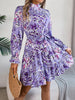 Elegant Mock Neck Belted Ruffle Hem Floral Print Dress For Spring & Fall, Women's Clothing
