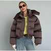 Solid Hooded Cropped Puffer Jacket Women Stand Collar Snap Button Loose Long Sleeve Jackets Winter Casual Warm Padded Coat