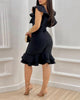 Women Elegant Solid Color Ruffle Design Party V-neck Balck Evening Birthday Dress for Women