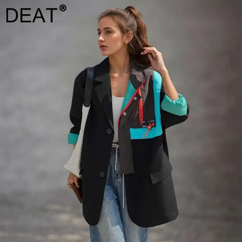 Contrast Color Patchwork Blazer Women's Notched Collar Long Sleeves Single Breasted Loose Suit Jacket 7AB8420