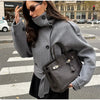Women's Solid Lapel Woolen Coat Elegant Full Sleeves Lace Up Loose Patchwork V-neck Overcoat Winter Office Commute Jacket