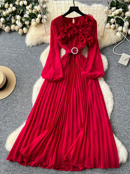Spring Autumn Elegant Dress for Women French Mushroom Edge Crimping Loose Chiffon Long Sleeve Long Dress C141