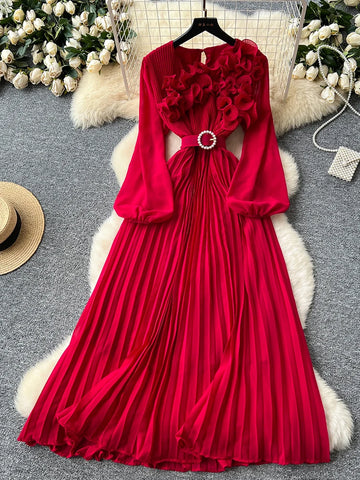Spring Autumn Elegant Dress for Women French Mushroom Edge Crimping Loose Chiffon Long Sleeve Long Dress C141