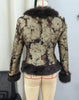 Floral Jacquard Faux Fur Trim Coat Women V Neck Single Button Full Sleeve Furry Cuff Jacket Lady Vintage Winter Warm Party Coats