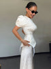 Women's White Floral Print Puff Sleeve Dress With Waistband Satin Ruffled Hem Maxi Dress Lady Elegant Party Robes