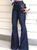 Ladies Deep Blue High Waist Bell Bottom Jeans Elastic Stretch Leg Lengthening Belted Waist