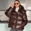 Casual Women's Glossy Hooded Cotton Coats Puffy Stand Collar Zipper Long Sleeve Warm Jackets Winter Lady Down Jacket