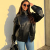 Black Jacket Women's Coat Faux Leather Jacket Outerwears Demi-Season Bomber Moto Biker Zipper Jacket High Neck Short Coat