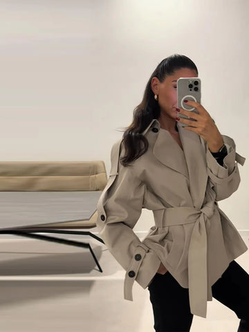 Tie Up Short Women 's Trench Coat Lapel Long Sleeve With Belt Oversize Windbreaker Female Spring Autumn Woman Outerwears