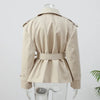 Women Lapel V-neck Belt Trench Coat Lace Up Button Full Sleeve Short Thin Windbreak Lady Daily Street Outerwear