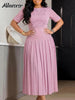 Women's Elegant Pleated Maxi Dress Burgundy O Neck Half Sleeve Fold Flowy A-Line Skirt for Church Weddings Formal Event