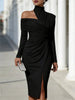 Women's White Off Shoulder Asymmetric Bodycon Dresses Autumn High Collar Cutout Long Sleeve Ruched Slit Slim Midi Dress