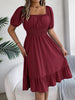 Solid Puff Sleeve Square Neck Ruched Bust Ruffle Hem Wasit Dress, Women's Clothing