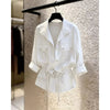 Spring Female Long Sleeved Casual Shirt French Lady Patchwork Cardigan Blouse Autumn Women Lapel Solid Color Shirts Coat