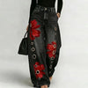 Women Faux Denim Wide Leg Pants High Waist Floral Print Eyelet Hole Decor Loose Baggy Trousers Vintage Street Long Pants