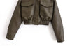 Winter Faux Leather Bomber Jacket Women Short Zipper Front Lapel Outerwear Multiple Pockets Warm Jackets