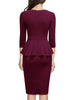 Women Vintage 2/3 Sleeve Crew Neck Zip Up Peplum Knee Length Cocktail Party Work Business Casual Sheath Bodycon Pencil Dress