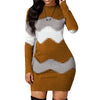 Women Elegant Patchwork Long Sleeve Warm Dress Autumn Winter Rib Knit Sweater Dress Casual Turtleneck Pullover Mini Dresses