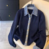 Denim Shirt Collar Stitching Fake Two-piece Sweater Women Knit Cardigan Autumn Casual Jacket Female Sweater Loose knitted Tops