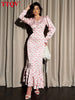 Slim Print Women's Dress Autumn V-Neck Long Sleeve Ankle Length Dresses Elegant Classic Pleated Female Dress