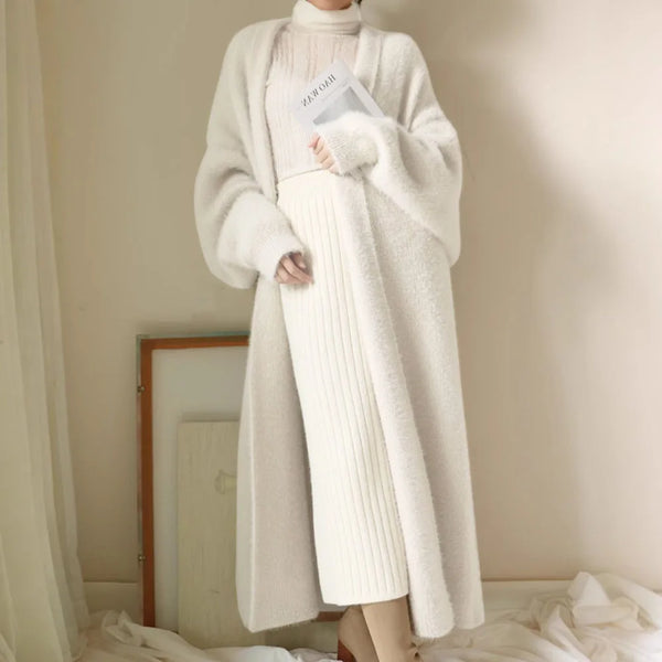 white Long Cardigan for women winter clothes Knitted fluffy long sleeve Cashmere sweater coat clotkorean style warm vintage