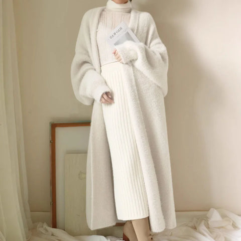 white Long Cardigan for women winter clothes Knitted fluffy long sleeve Cashmere sweater coat clotkorean style warm vintage
