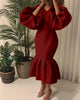 Women Evening Dress Solid Full Puff Sleeve V-neck Long Maxi Trumpet Dresses Vintage Party Vestidos Fall Outfit