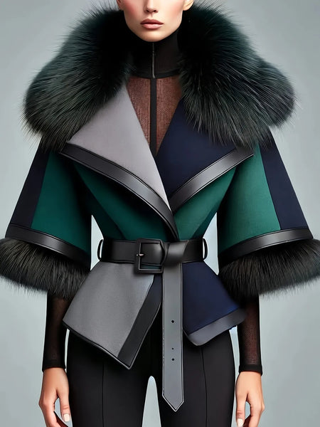 Elegant Women Winter Wool Coat Faux Fur Collar Color Block Patchwork Jacket Belt Waist Cinched 3/4 Sleeve Lady Outerwear
